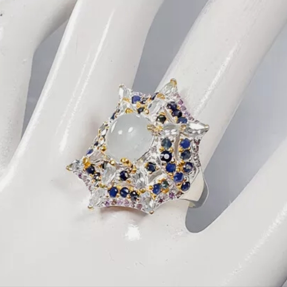 INCREDIBLE Aquamarine Sapphire & Amethyst Sterling Spiderweb 🕸 ring sz8.5 - Picture 5 of 13